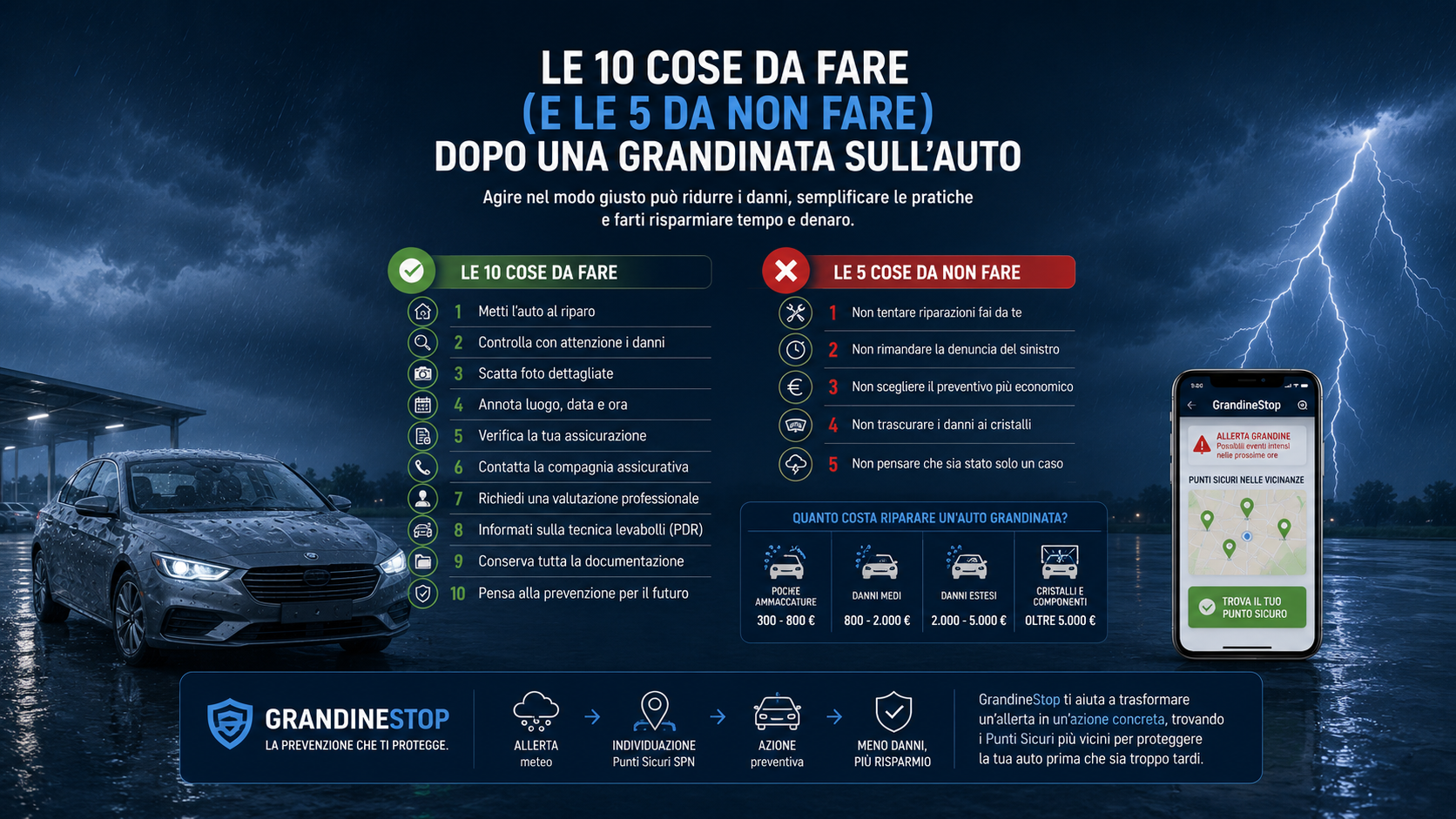 Le 10 cose da fare (e le 5 da NON fare) dopo una grandinata sull’auto