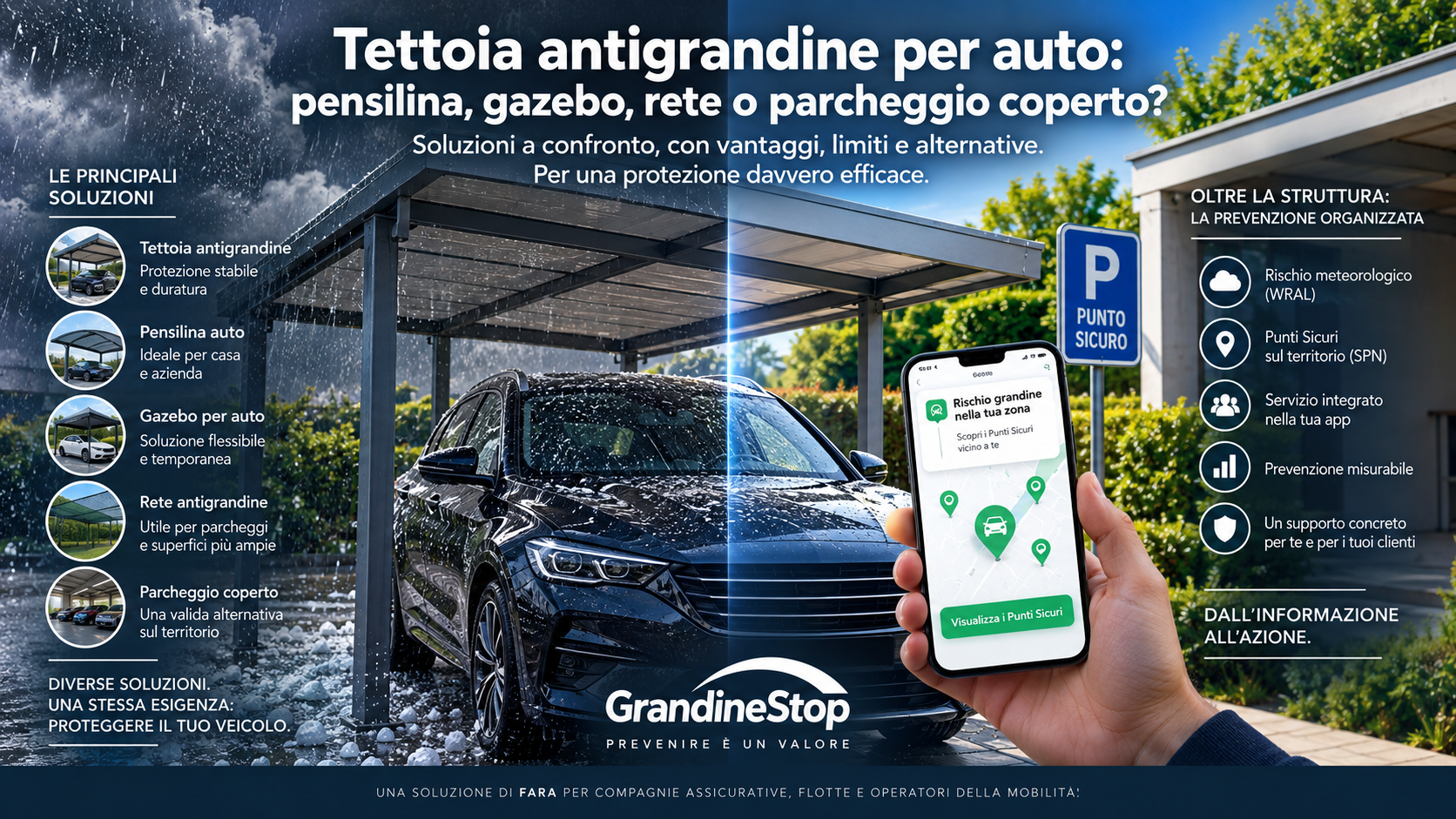 Tettoia antigrandine per auto: pensilina, gazebo, rete o parcheggio coperto?